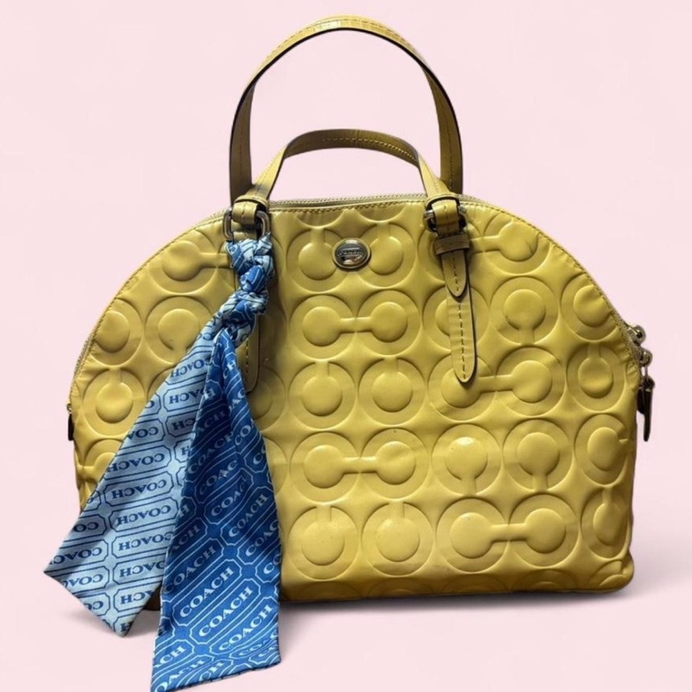 Yellow/Tan Coach Peyton Op Art Embossed Patent Leather Handbag